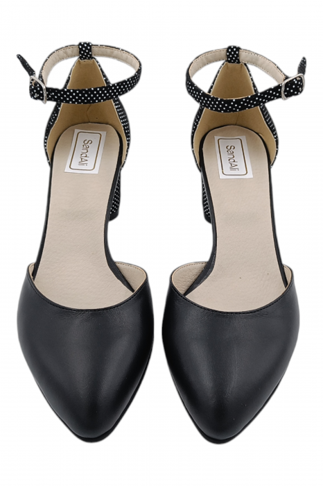 Pantofi sanda damă eleganți, piele naturală, varf migdalat, toc gros, imprimeu negru buline albe, Sandali [4]