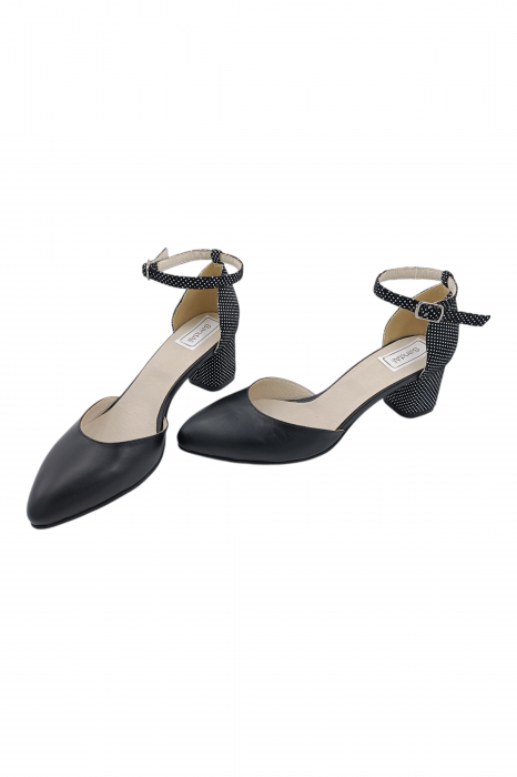 Pantofi sanda damă eleganți, piele naturală, varf migdalat, toc gros, imprimeu negru buline albe, Sandali [5]