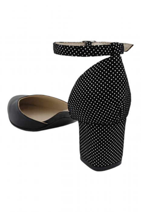 Pantofi sanda damă eleganți, piele naturală, varf migdalat, toc gros, imprimeu negru buline albe, Sandali [3]