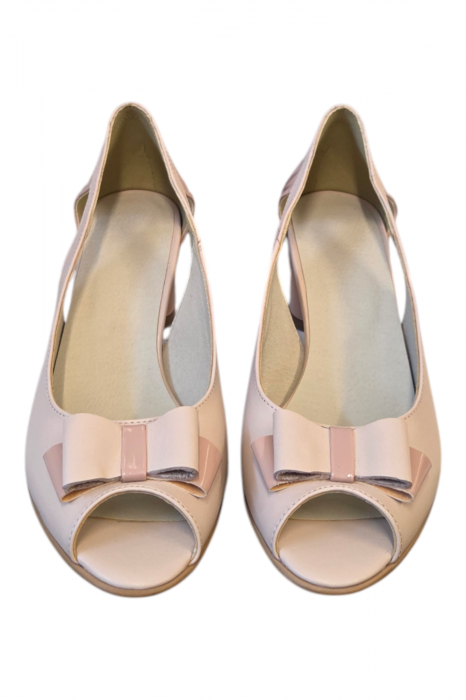 Pantofi sanda dama, piele naturala, varf decupat, toc gros imbracat lacuit , bej-roz [4]