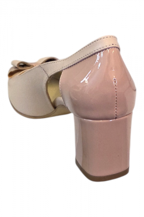 Pantofi sanda dama, piele naturala, varf decupat, toc gros imbracat lacuit , bej-roz [3]