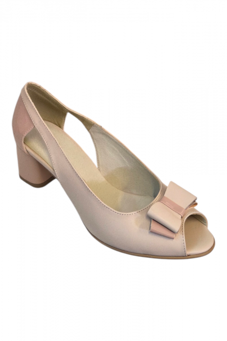 Pantofi sanda dama, piele naturala, varf decupat, toc gros imbracat lacuit , bej-roz [2]