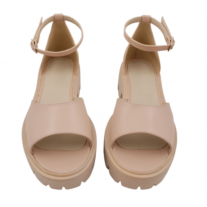 Sandale dama casual, piele naturala, bareta cu catarama, talpa usoara, crampoane, bej, linii aurii, Sandali [3]