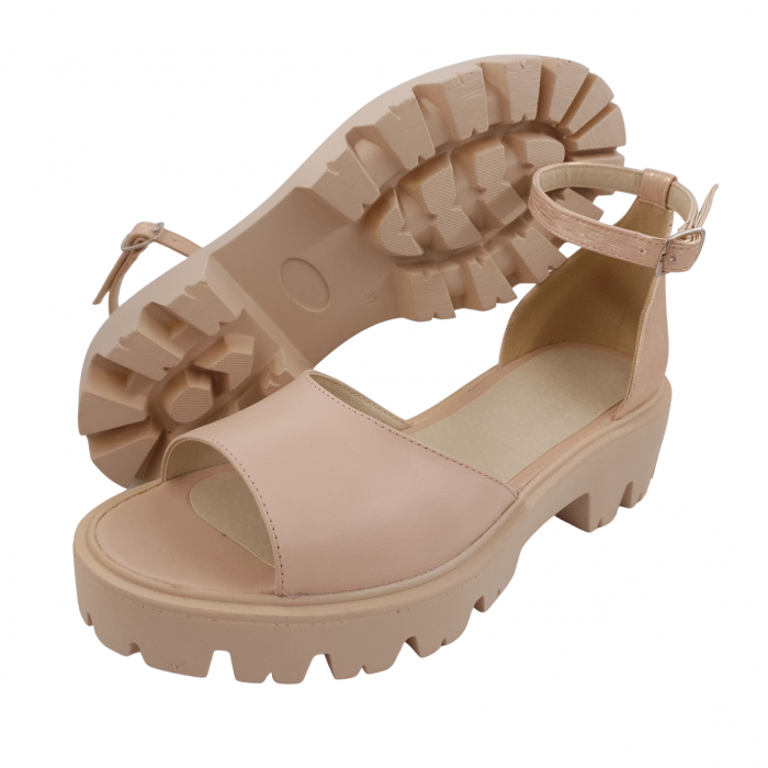 Sandale dama casual, piele naturala, bareta cu catarama, talpa usoara, crampoane, bej, linii aurii, Sandali [4]