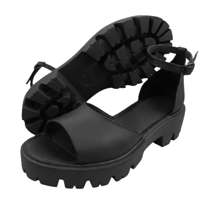 Sandale damă piele naturală box negru – bareta lată, talpă cu crampoane [4]