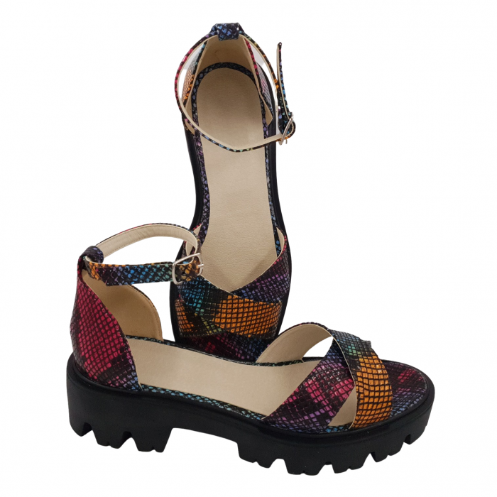 Sandale dama fara toc, piele naturala, doua barete incrucisate, talpa usoara, crampoane, imprimeu sarpe colorat, Sandali [3]
