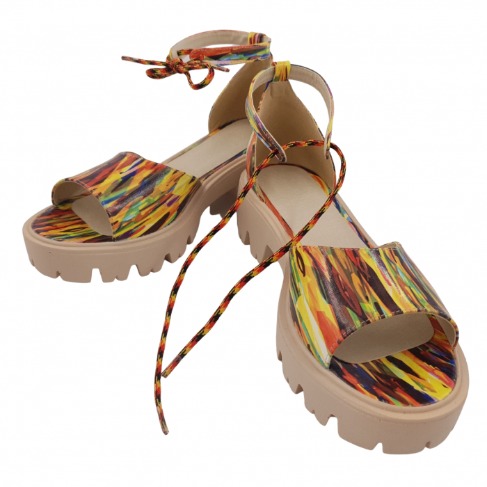 Sandale dama fara toc, piele naturala, sireturi colorate, talpa usoara, crampoane, imprimeu picturi colorate, Sandali [4]