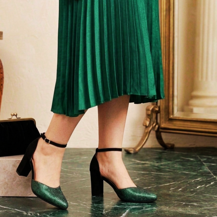 Sandale damă piele întoarsă cu imprimeu Emerald Metallic și toc masiv 6 cm [6]