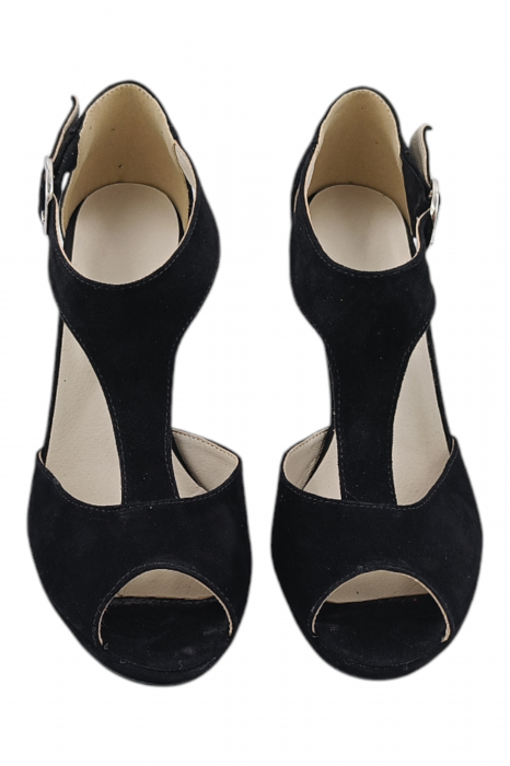 Sandale damă elegante, piele naturală întoarsă, vârf decupat, cataramă lată, cu platformă, negru [4]