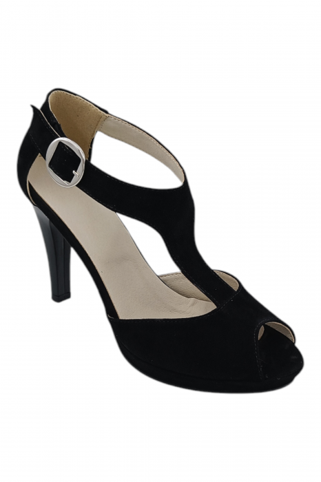 Sandale damă elegante, piele naturală întoarsă, vârf decupat, cataramă lată, cu platformă, negru [2]