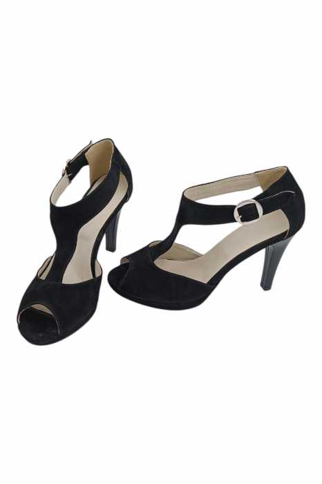 Sandale damă elegante, piele naturală întoarsă, vârf decupat, cataramă lată, cu platformă, negru [5]