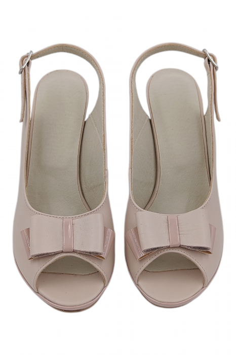 Sandale damă elegante, piele naturală, vârf decupat cu fundă, cataramă, bej [4]