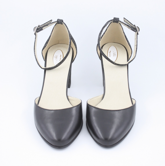 Sandale damă elegante, piele naturală, toc gros, negru box, cu imprimeu carouri, Sandali [3]