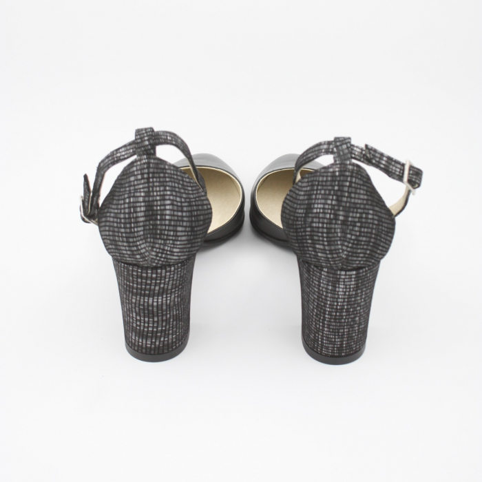 Sandale damă elegante, piele naturală, toc gros, negru box, cu imprimeu carouri, Sandali [2]