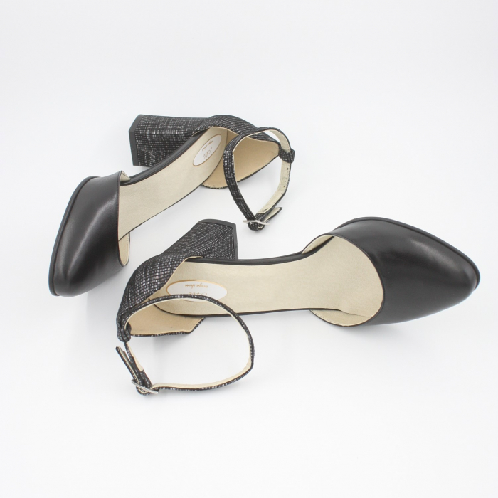 Sandale damă elegante, piele naturală, toc gros, negru box, cu imprimeu carouri, Sandali [4]