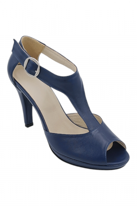 Sandale damă elegante, piele naturală, vârf decupat, cataramă lată, cu platformă, albastru [2]
