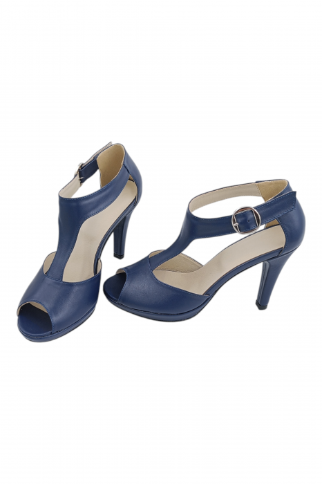 Sandale damă elegante, piele naturală, vârf decupat, cataramă lată, cu platformă, albastru [5]