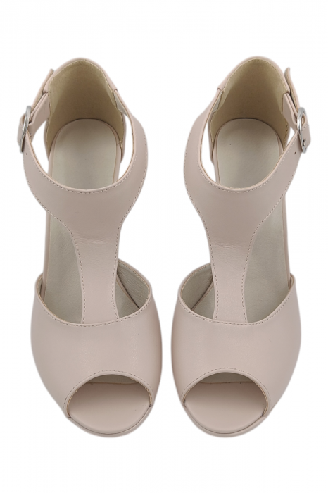 Sandale damă elegante, piele naturală, vârf decupat, cataramă lată, cu platformă, bej [4]