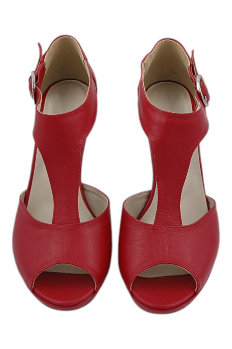 Sandale damă elegante, piele naturală, vârf decupat, cataramă lată, cu platformă, roșu [4]