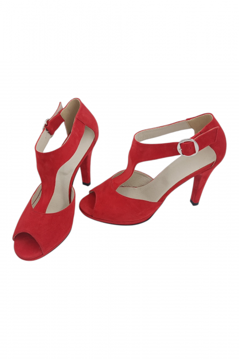 Sandale damă elegante, piele naturală întoarsă, vârf decupat, cataramă lată, cu platformă, roșu [5]