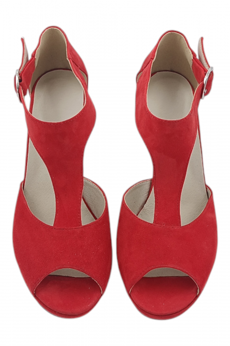 Sandale damă elegante, piele naturală întoarsă, vârf decupat, cataramă lată, cu platformă, roșu [4]