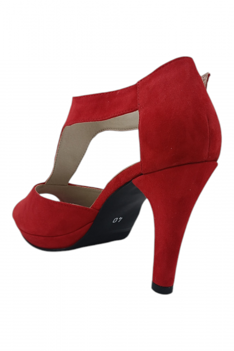 Sandale damă elegante, piele naturală întoarsă, vârf decupat, cataramă lată, cu platformă, roșu [3]