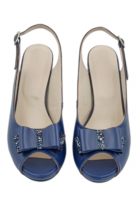 Sandale damă elegante, piele naturală, vârf decupat cu fundă, cataramă, cu platformă, albastru [4]