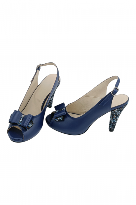 Sandale damă elegante, piele naturală, vârf decupat cu fundă, cataramă, cu platformă, albastru [5]