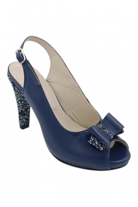 Sandale damă elegante, piele naturală, vârf decupat cu fundă, cataramă, cu platformă, albastru [2]