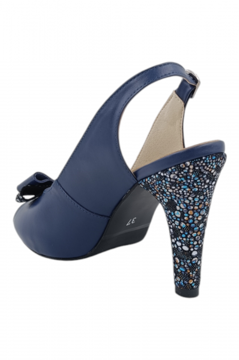 Sandale damă elegante, piele naturală, vârf decupat cu fundă, cataramă, cu platformă, albastru [3]