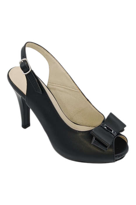 Sandale damă elegante, piele naturală, vârf decupat cu fundă, cataramă, cu platformă, negru [2]