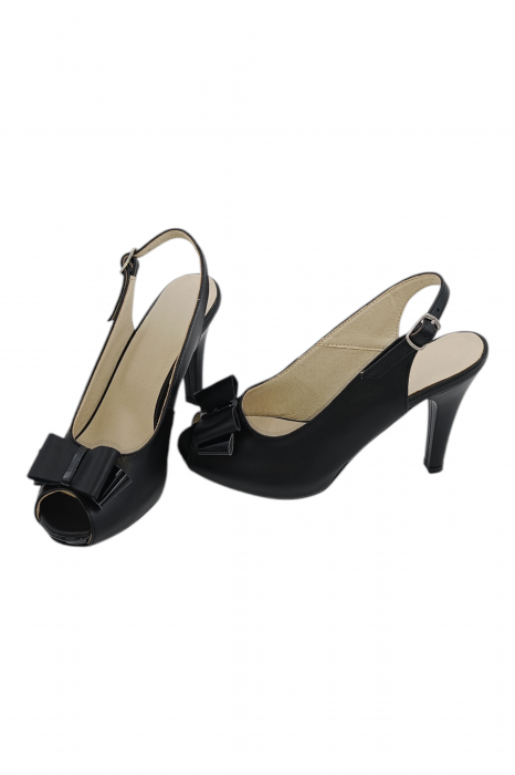 Sandale damă elegante, piele naturală, vârf decupat cu fundă, cataramă, cu platformă, negru [5]