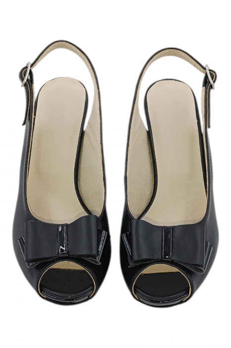 Sandale damă elegante, piele naturală, vârf decupat cu fundă, cataramă, cu platformă, negru [4]