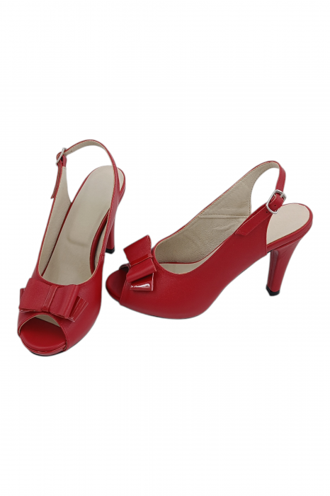 Sandale damă elegante, piele naturală, vârf decupat cu fundă, cataramă, cu platformă, roșu [5]