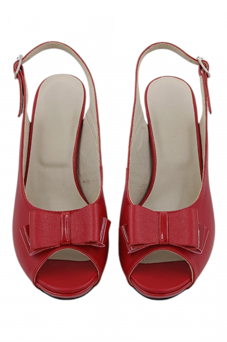 Sandale damă elegante, piele naturală, vârf decupat cu fundă, cataramă, cu platformă, roșu [4]