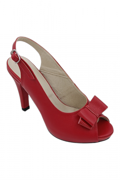 Sandale damă elegante, piele naturală, vârf decupat cu fundă, cataramă, cu platformă, roșu [2]