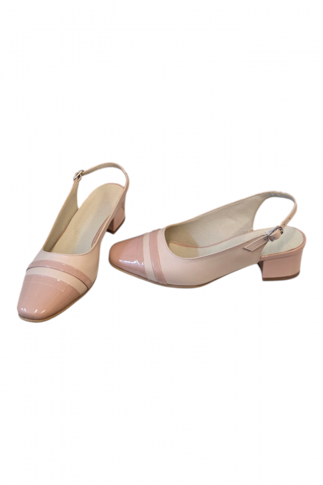 Sandale dama eleganti, piele naturala box, piele lacuita, toc gros, bej, Sandali [5]