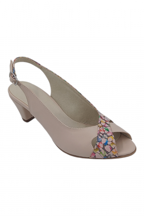 Sandale damă eleganți, piele naturală cu imprimeu mozaic, vârf decupat, toc conic, bej [2]