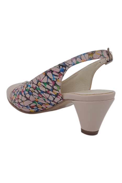 Sandale damă eleganți, piele naturală cu imprimeu mozaic, vârf decupat, toc conic, bej [3]