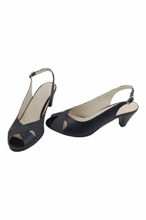 Sandale damă eleganți, piele naturală cu imprimeu buline albe, vârf decupat, toc conic, negru [5]