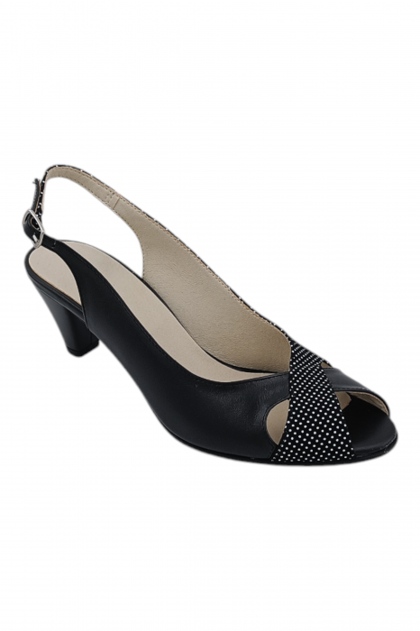 Sandale damă eleganți, piele naturală cu imprimeu buline albe, vârf decupat, toc conic, negru [2]