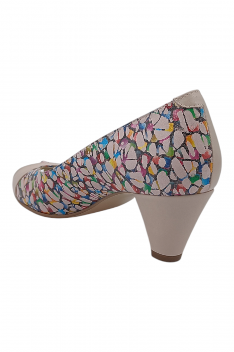 Pantofi sanda damă eleganți, piele naturală cu imprimeu mozaic, vârf decupat, toc conic, bej [3]