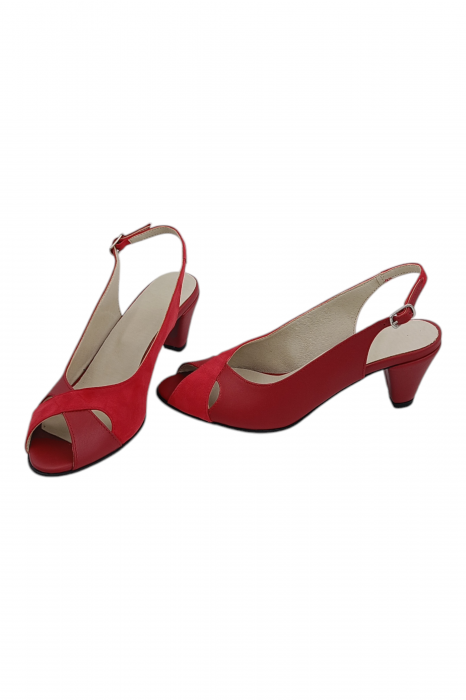 Sandale damă eleganți, piele naturală cu piele întoarsă, vârf decupat, toc conic, roșu [5]