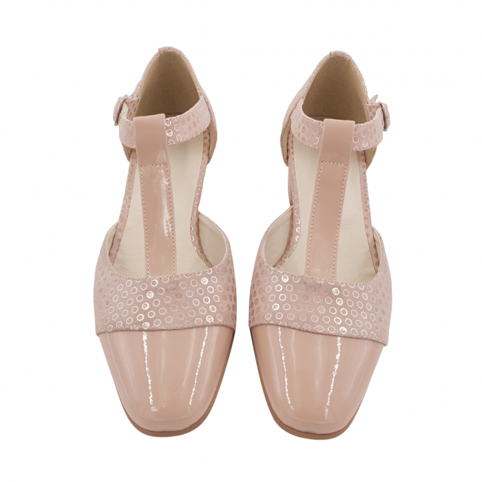 Sandale dama eleganti, piele naturala intoarsa, piele lacuit, toc gros, bej cu buline, Sandali [3]