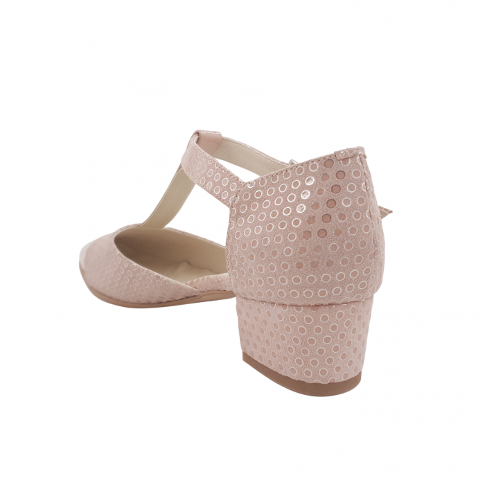 Sandale dama eleganti, piele naturala intoarsa, piele lacuit, toc gros, bej cu buline, Sandali [2]