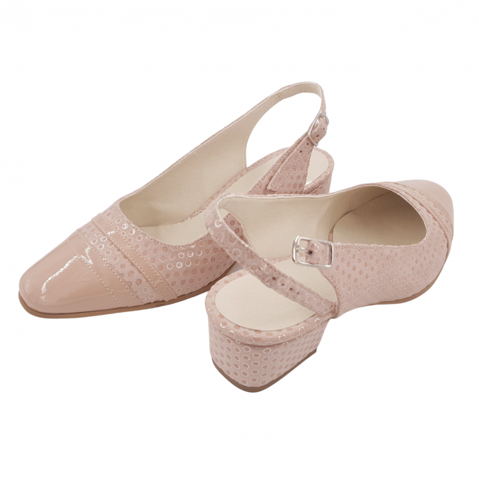 Sandale dama eleganti, piele naturala intoarsa, piele lacuit, toc gros, bej, Sandali [4]