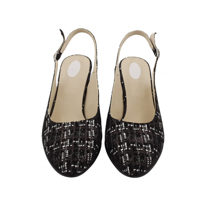 Sandale dama eleganti, piele naturala, toc gros, imbracat, carouri maro/alb, Sandali [3]