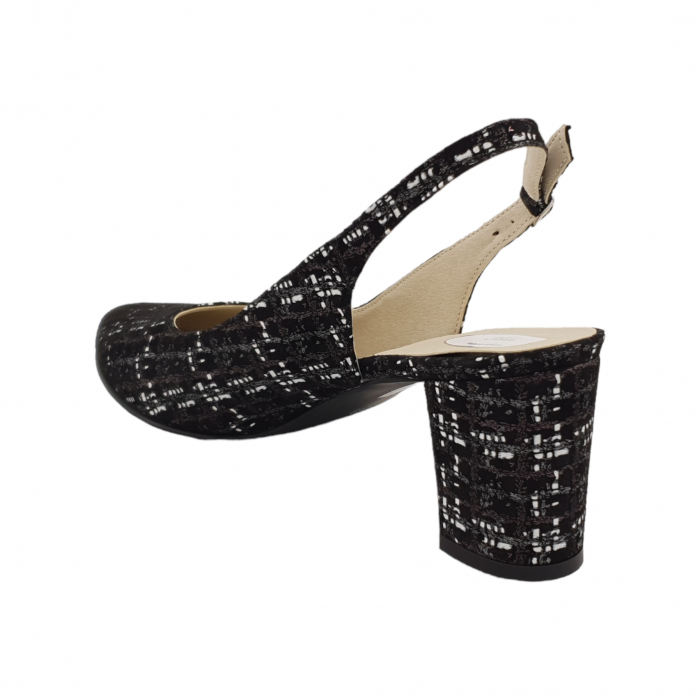 Sandale dama eleganti, piele naturala, toc gros, imbracat, carouri maro/alb, Sandali [2]
