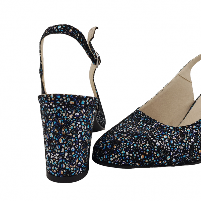 Sandale dama eleganti, piele naturala, toc gros, imbracat, flori albastre, Sandali [4]
