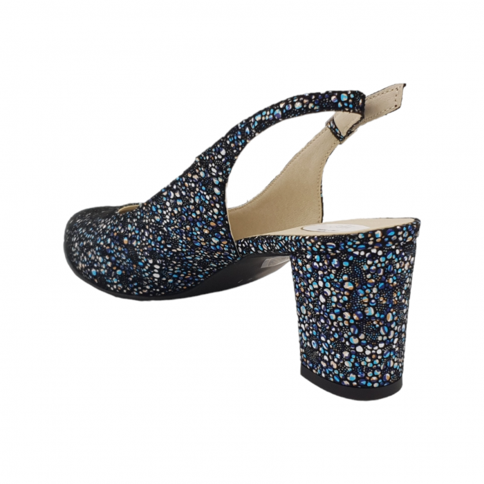 Sandale dama eleganti, piele naturala, toc gros, imbracat, flori albastre, Sandali [2]